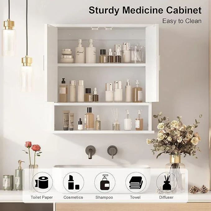 Medicine Cabinet for Bathroom,2 Doors White Bathroom Wall Cabinet with Oval,Over Toilet Storage Cabinet for Laundry Room/Kitchen/Living Room,Surface Mount Medicine Cabinets 23x24 - ModernBath