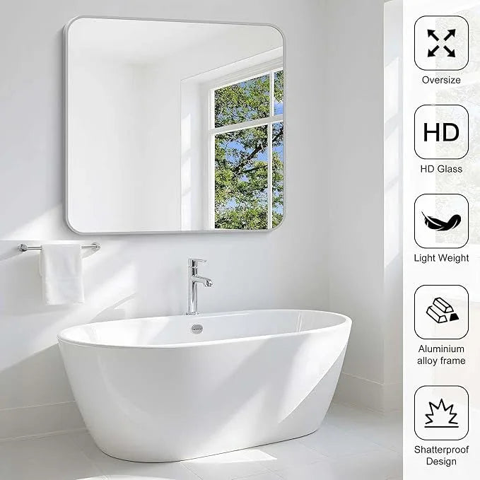 CIVENO Silver Bathroom Mirror, 42 x 42 Inch Silver Square Mirror, Metal Framed Rectangular Vanity Mirror, Rounded Corner Wall Mounted Mirror for Living Room Bedroom Entryway Hangs Horizontal/Vertical - ModernBath