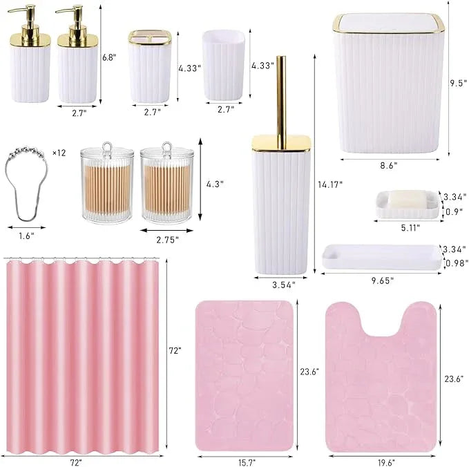 XLHOMO Bathroom Accessories Set- 25PC White Bathroom Set, Bathroom Set with Shower Curtain and Rugs, Pink Shower Curtain Set, Soap Dish & Trash Can - ModernBath