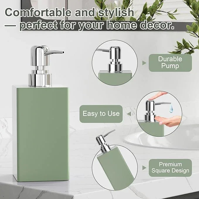 Sage Green Bathroom Accessories Set Resin 6PCS, Square Toothbrush Holders Set Complete with Soap Dispenser, Vanity Tray, Tumbler, Cups and Cotton Swab Jars for Counter, Sink or Small Spaces - ModernBath