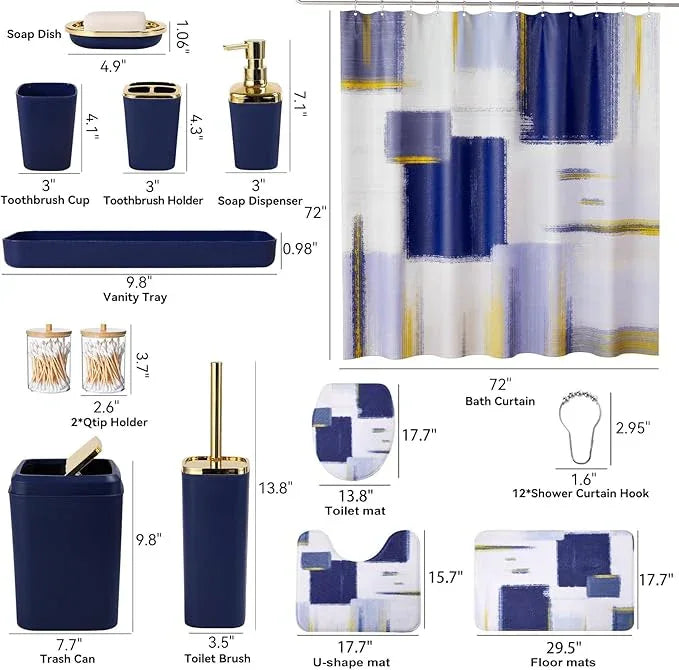 XLHOMO Bathroom Set - Navy Blue and Gold Bathroom Accessories Set, Bathroom Sets with Shower Curtain and Rugs, Blue Shower Curtain Set with Bathroom Trash Can, Soap Dispenser,Soap Dish for Home Decor - ModernBath