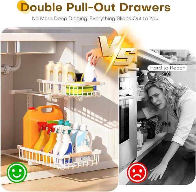 Under Sink Organizer, 2 Tier Pull Out Under-sink Shelves, Adjustable Height (13.8" -16.9"), Sturdy Metal Storage Organizer for Bathroom Kitchen Pantry Cabinet (2 Packs, White) - ModernBath