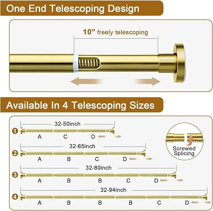 Ausemku Shower Curtain Rod 32-65 Inch Adjustable - 1 Inch Diameter Heavy Duty No drill Spring Tension Shower Rod, Non-Slip Rustproof Telescopic Rod for Bathroom, Gold - ModernBath
