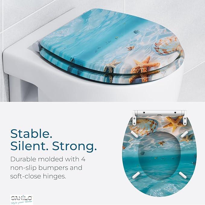 Sanilo Wooden Toilet Seat with Quick Release & Soft Close [ROUND] - Decorative & Slow Close Molded Wood Seat - With One Click for Easy Installation & Cleaning - With Adjustable Fit (Waterworld) - ModernBath
