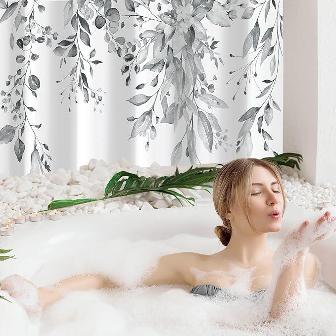 Gibelle Extra Long Shower Curtain 72 x 84, Grey Floral Shower Curtain for Bathroom, Watercolor Plant Eucalyptus Leaves Fabric Shower Curtain Set - ModernBath
