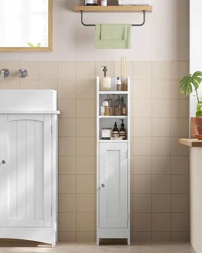 VASAGLE Small Storage Corner Floor Cabinet with Door, 7.9 x 7.1 x 36.2 Inches, Narrow Toilet Paper Storage Holder, Adjustable Shelves, for Bathroom, Living Room, Small Spaces, Cloud White UBBC311W01 - ModernBath