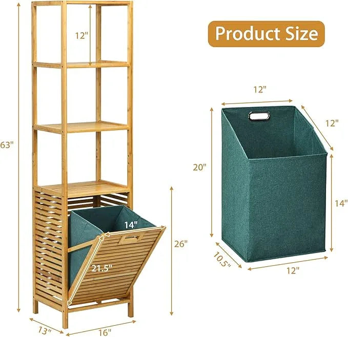 Giantex 63'' Tilt Out Laundry Hamper and 4-Tier Storage Shelves, Removable Clothes Basket with Easy Carry, Bamboo Tower Hamper Organizer, Great for Bathroom, Bedroom, Laundry Room, Closet, Nursery - ModernBath