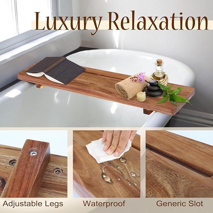Premium 1.2IN Thickened Board Acacia Wood Bathtub Tray Caddy with Adjustable Legs, Minimalistic Design Bath Tray for Tub, Bathtub Accessories, Fits Most Bath Tubs, Idea for Women - ModernBath