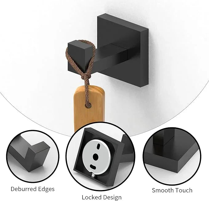 Ruacq Towel Hooks for Bathrooms, Heavy Duty Stainless Steel Square Bathroom Hooks, Wall Mounted Towel Hanger for Robe & Coat, Ideal for Kitchen, Bedroom, and Hotel Use(Matte Black, 2 Pack) - ModernBath