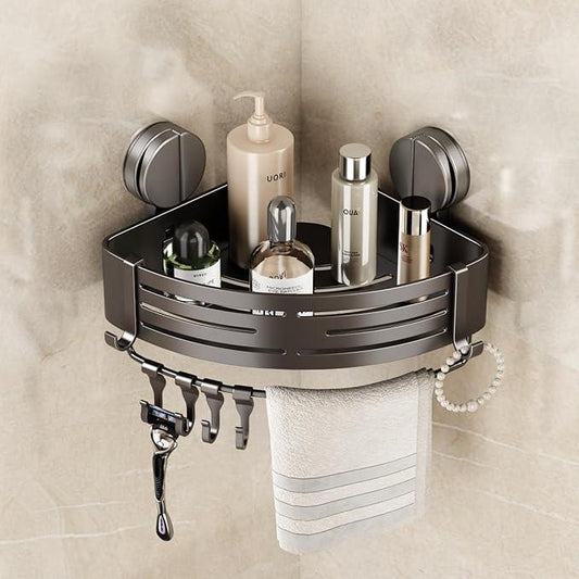 VOLPONE Corner Shower Caddy Suction Cup Shower Shelf Corner No Drilling Bathroom Shower Organizer Storage Rack Adhesive with Towel Bar Hooks(1-Pack, Gray) - ModernBath