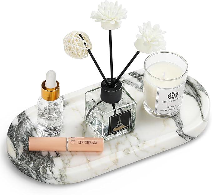 Natural Marble Vanity Tray - Moujings Genuine Marble Perfume Tray for Bathroom Decor, Stone Bathroom Vanity Organizer Tray for Kitchen Counter, Candles, Jewelry, Coffee, Makeup, Key - ModernBath
