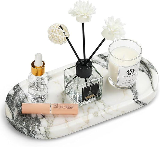 Natural Marble Vanity Tray - Moujings Genuine Marble Perfume Tray for Bathroom Decor, Stone Bathroom Vanity Organizer Tray for Kitchen Counter, Candles, Jewelry, Coffee, Makeup, Key - ModernBath
