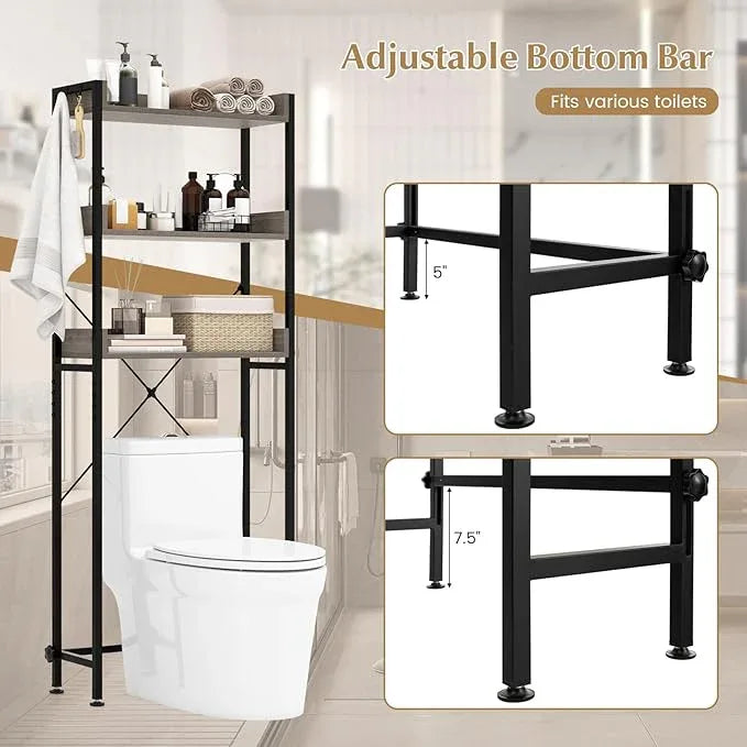 Tangkula Over The Toilet Storage, 3-Tier Toilet Rack Bathroom Space Saver with 4 Hooks & Adjustable Bottom Bar, Freestanding Bathroom Organizer Shelf Over Toilet for Restroom Balcony Laundry (Grey) - ModernBath