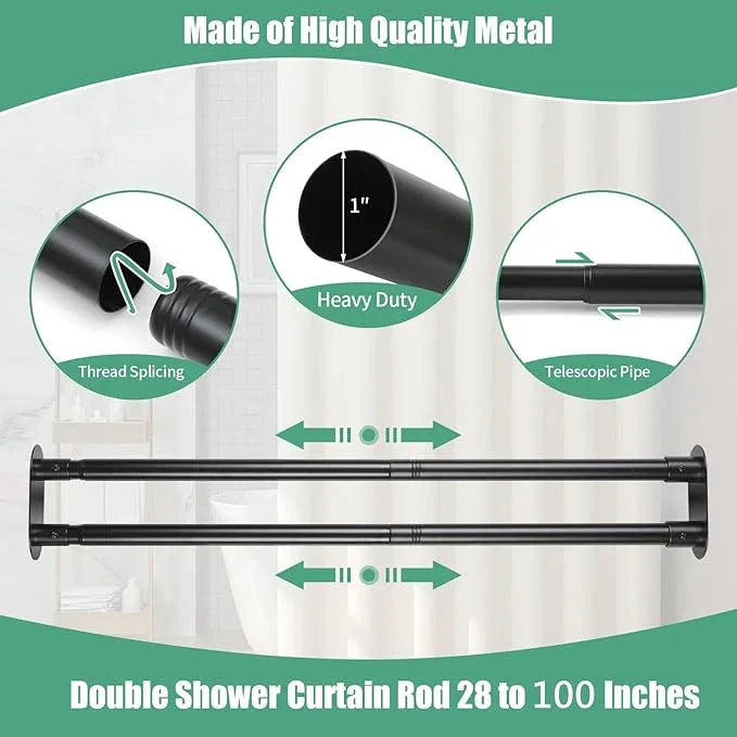 Anndason Double Shower Curtain Rod 28 to 100 Inches Elegant Double Shower Rod Adjustable Wall Mounted Double Shower Curtain Pole for Bathroom (Black, 28 to 100") - ModernBath