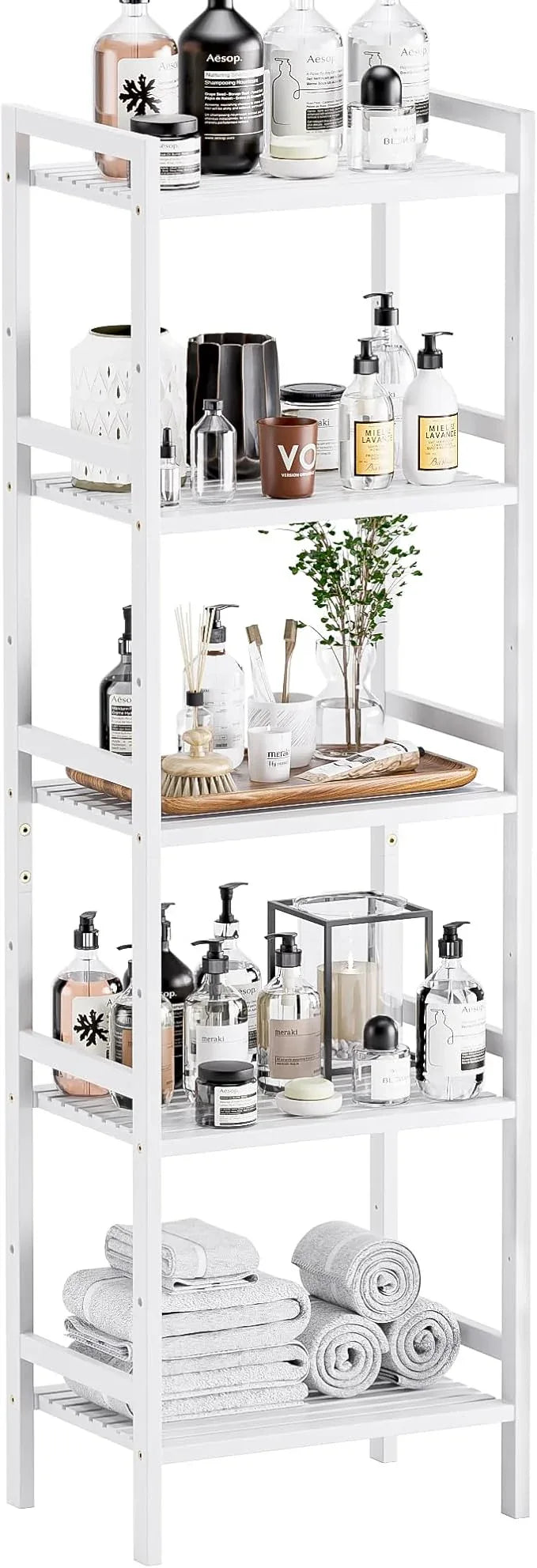 HITNET 5 Tier Bamboo Shelf, Tall Narrow Bookcase, Freestanding Bathroom Storage Unit with Adjustable Shelves, Modern Display Standing Bookshelf for Living Room, Bedroom, Home Office, White - ModernBath