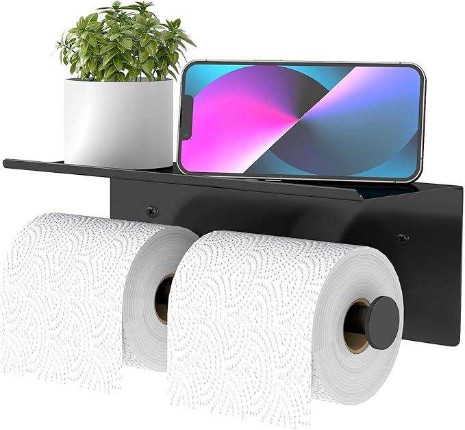 YUMORE Toilet Paper Holder, 304 Stainless Steel Bathroom Double Roll Tissue Holder with Shelf, Wall Mounted Washroom Dual TP Dispenser Storage（Black） - ModernBath