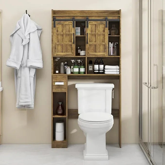 Over The Toilet Storage Cabinet, Farmhouse Storage Cabinet Over Toilet with Sliding Doors，Home Space-Saving Toilet Rack, for Bathroom, Restroom, Laundry(Brown - ModernBath