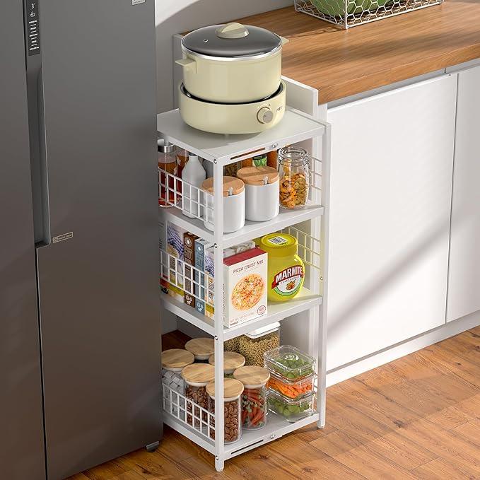 4 Tier Expandable Slim Storage Shelf, Metal Shelving Unit for Bathroom Storage Organizer, Freestanding Narrow Shelf for Small Spaces, Open Floor Shelves for Bathroom, Laundry Room, Kitchen,White - ModernBath