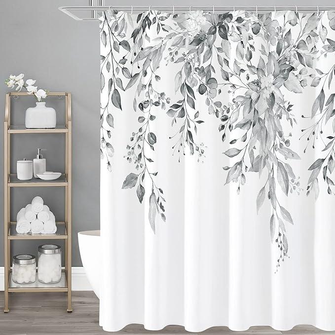 Gibelle Long Shower Curtain 72 x 78, Grey Floral Shower Curtain for Bathroom, Watercolor Plant Eucalyptus Leaves Fabric Shower Curtain Set - ModernBath