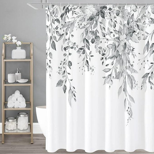 Gibelle Extra Long Shower Curtain 72 x 84, Grey Floral Shower Curtain for Bathroom, Watercolor Plant Eucalyptus Leaves Fabric Shower Curtain Set - ModernBath