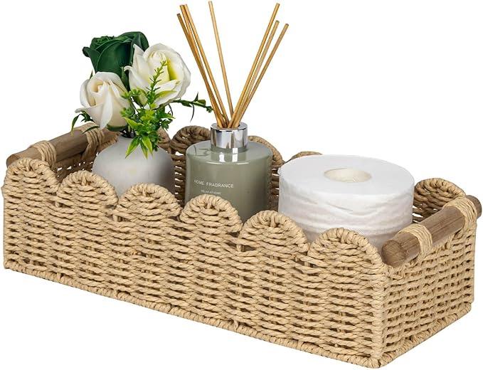 CubesLand Scalloped Edge Toilet Paper Storage Basket, Living Room Home Cozy Decor Basket, Paper Rope Small Baskets for Over Toilet Storage Shelf, End Table, Shelves, with 2 Wooden Handles, Beige - ModernBath
