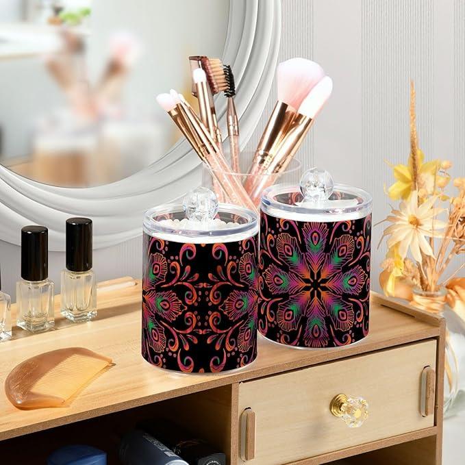 Tatenale Qtip Holder Bathroom Set Q tip Cotton Ball Swab Pad Dispenser Container Organizer Plastic Jars with Lids Storage 2Pack Ethnic Feathers Mandala Black - ModernBath