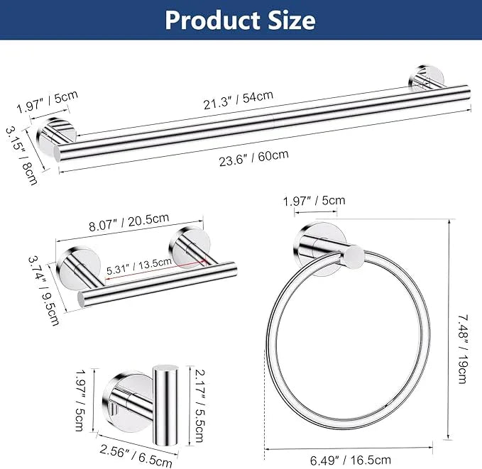 TQKAG Polished Chrome 5 Piece Bathroom Hardware Accessories Set 23.6" SUS304 Stainless Steel Bathroom Towel Bar Holder Sets Double Post Pivoting Toilet Paper Holder Set Wall Mounted - ModernBath