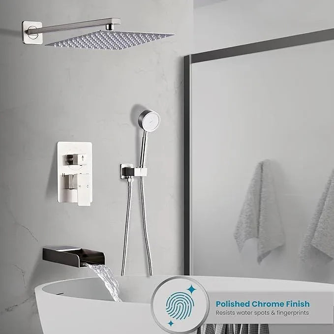 RTTWYYUU Brushed Nickel Shower Tub Faucet Set, Wall Mounted 10 Inch Shower Heads with Handheld Spray Combo and Tub Shower Faucet, Luxury Bathroom Square Rain Shower System - 4 Hooks - ModernBath