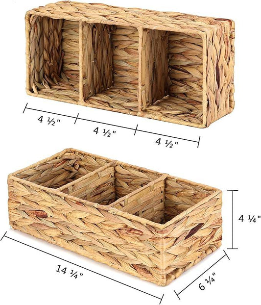 Vagusicc 3 Section Wicker Storage Basket, Hand-Woven Water Hyacinth Storage Baskets, Wicker Baskets for Storage, Toilet Paper Basket for Toilet Tank Top, Small Baskets for Organizing Shelves, 2-Pack - ModernBath