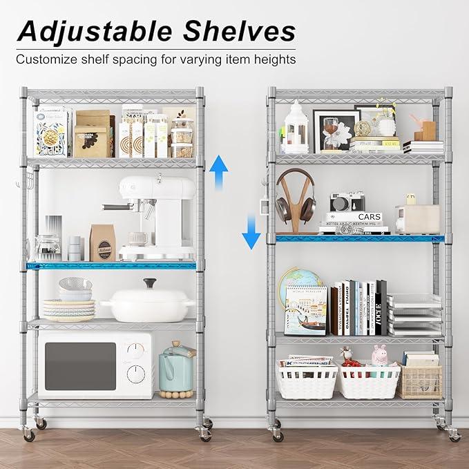 Homdox 5 Tier Adjustable Rolling Storage Shelves, Heavy Duty Wire Racks and Shelving, Metal Shelves for with Side Hooks Pantry Closet Kitchen Garage Organization, Silver Gray - ModernBath