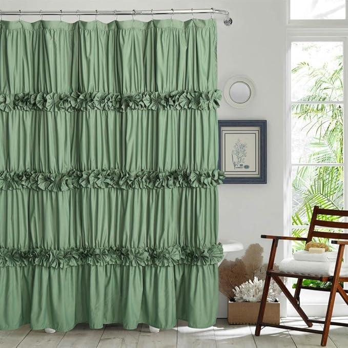 Homechoice Decor Light Green Ruffle Shower Curtain, Vintage Handcrafted Bow Tie Bath Curtain for Master Bathroom, Ruched Microfiber Bathroom Curtain with 12 Buttonholes, 72" W x 72" H (LQ-10) - ModernBath
