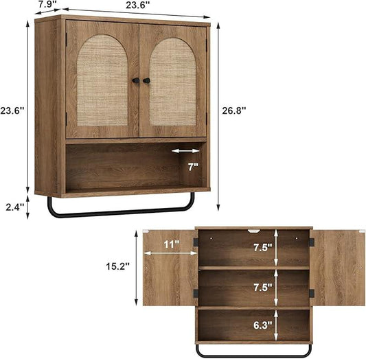 RUSTOWN Rattan Bathroom Wall Cabinet, Boho Medicine Cabinet with 2 Arched Doors, Farmhouse Over The Toilet Storage Cabinets with Adjustable Shelves & Towel Bar, 3-Tier Wall Mounted Cabinets - ModernBath