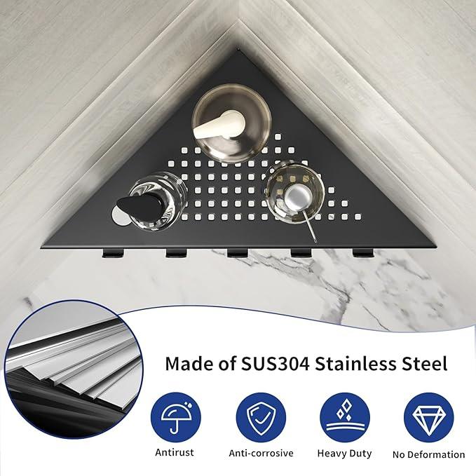 Grout in Shower Shelves with Hooks, 304 Stainless Steel Corner Bathroom Shelf for Tiled Wall (Matte Black, 10'' x 10'') - ModernBath