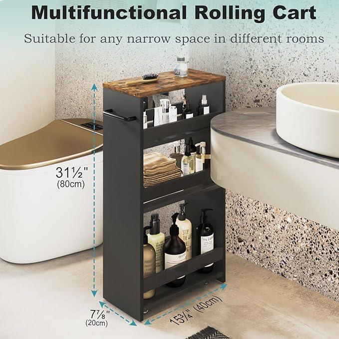 MARTY Rolling Storage Cart 7.9" W, 4-Tier Kitchen Cart with Wheels Handle, Slim Storage Cart Mobile Shelving Utility Carts for Bathroom Laundry Room Organization Narrow Places (Black) - ModernBath