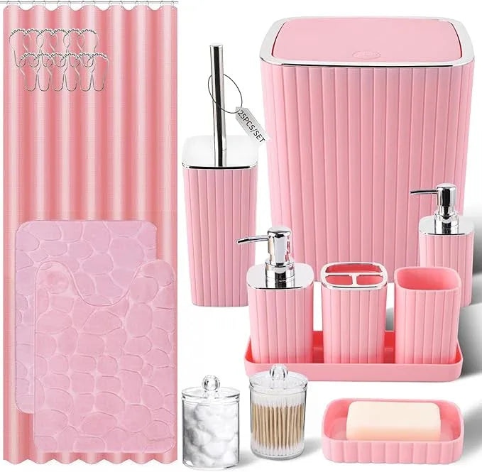XLHOMO Bathroom Set with Shower Curtain and Rugs- 25PC Pink Bathroom Accessories, Shower Curtain Set, Toilet Brush, Trash Can, Qtip Holder Dispenser & Soap Dispenser - ModernBath