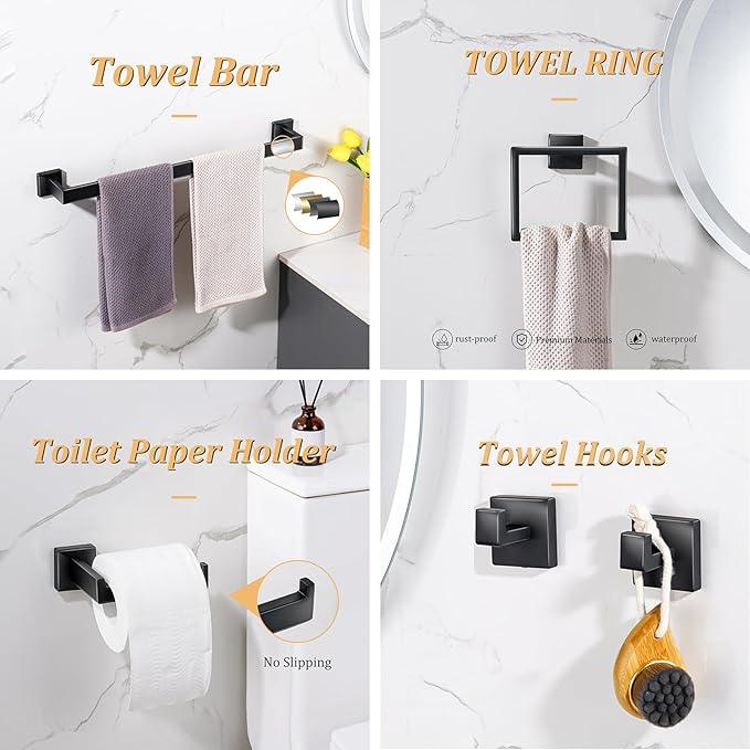 Bathroom Hardware Accessories Set 10 Pieces Matte Black Towel Bar Set 24 Inch, Towel Rack Rings Stainless Steel Bath Coat Hooks Wall Mounted Toilet Paper Holder - ModernBath