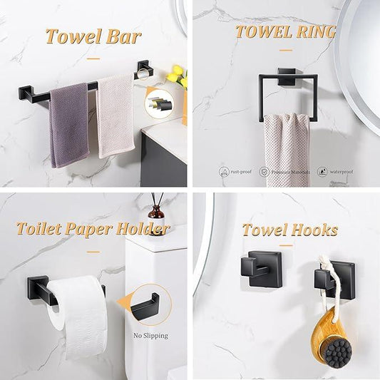 Bathroom Hardware Accessories Set 5 Pieces Matte Black Towel Bar Set, Wall Mounted Towel Rack Toilet Paper Holder Stainless Steel Bath Coat Hooks 24 Inch - ModernBath