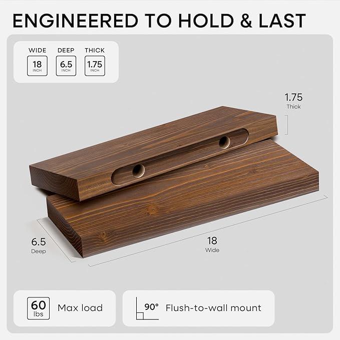 Homeforia Classic Walnut 18 inch Floating Shelf, High End Solid Real Wood Small 18inch Floating Shelves for Wall Mounted, 18in Floating Shelves, Heavy Duty Bracket, 18 X 6.5 X 1.75 inches, Set of 2 - ModernBath