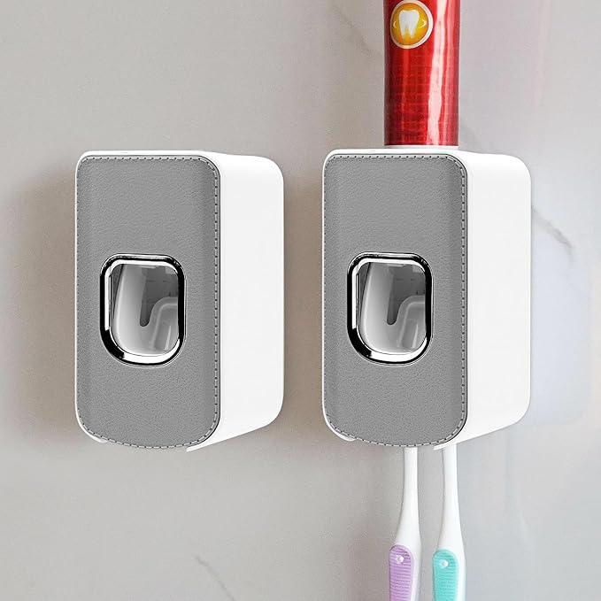 2 Slot Toothbrush Holder and Toothpaste Dispenser Wall Mounted, Automatic Toothpaste Squeezer, 2 in 1 Tooth Brush Toothpaste Organizer for Shower (Grey 2Pack) - ModernBath