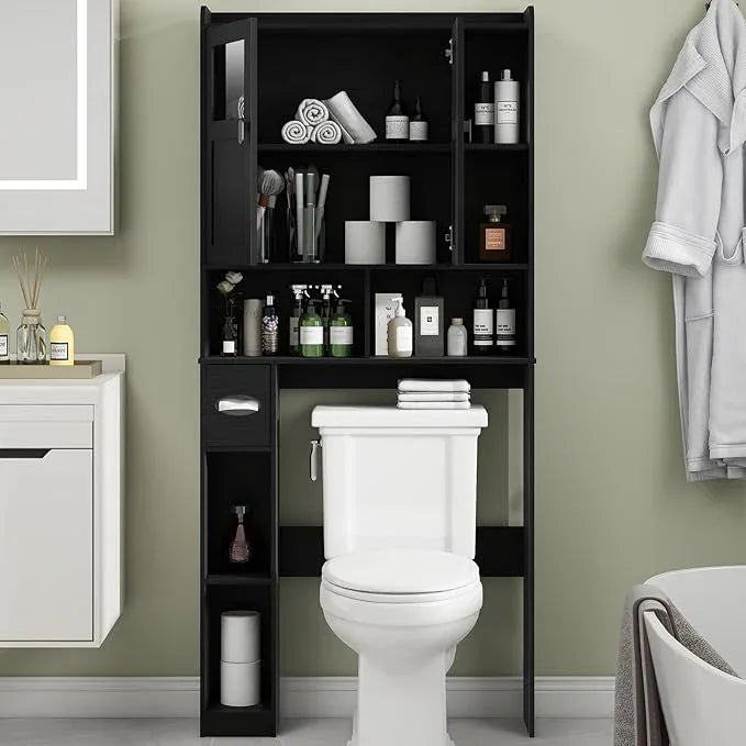 Vabches Over The Toilet Storage Cabinet, Bathroom Shelf Over Toilet with Glass Doors and Adjustable Shelves, Black Freestanding Home Space Save Toilet Rack, for Restroom, Bathroom, Laundry - ModernBath
