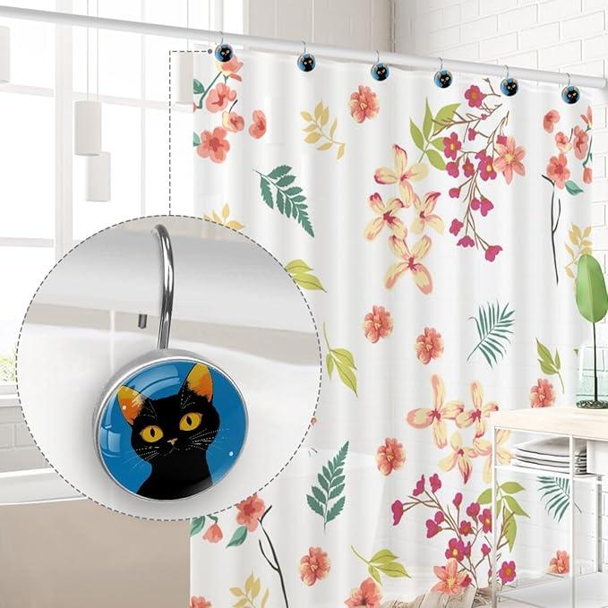 Cartoon Cat Crystal Glass Shower Curtain Hooks for Bathroom Shower Rod, 12Pcs Round Home Decorative Shower Curtain Rings, Bathroom Bedroom Living Room Accessories - ModernBath