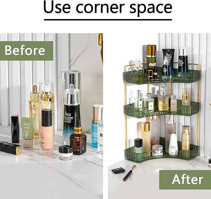 shuang qing 3-Tier Corner Bathroom Counter Organizer – Classic Storage Shelf for Makeup, Perfume & Toiletries, Space-Saving Countertop Tray Fits Bathroom, Dresser, Kitchen (Sage Green) - ModernBath