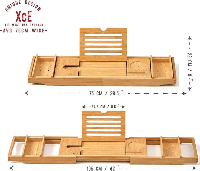 XcE Bamboo Bathtub Caddy Tray - Expandable to 41 Inches with Book Stand, Soap Holder & Anti-Slip Pads for Luxury Bath Spa, Natural - ModernBath