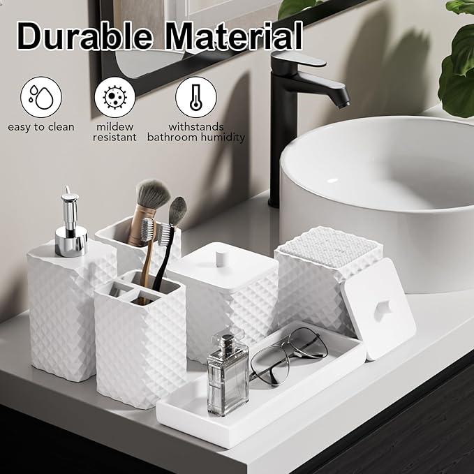 Bathroom Accessories Set Resin 6PCS, Square Toothbrush Holders Set Complete with Soap Dispenser, Vanity Tray, Tumbler, Cups and Cotton Swab Jars (White Diamond, Resin Bath 6 PCS) - ModernBath