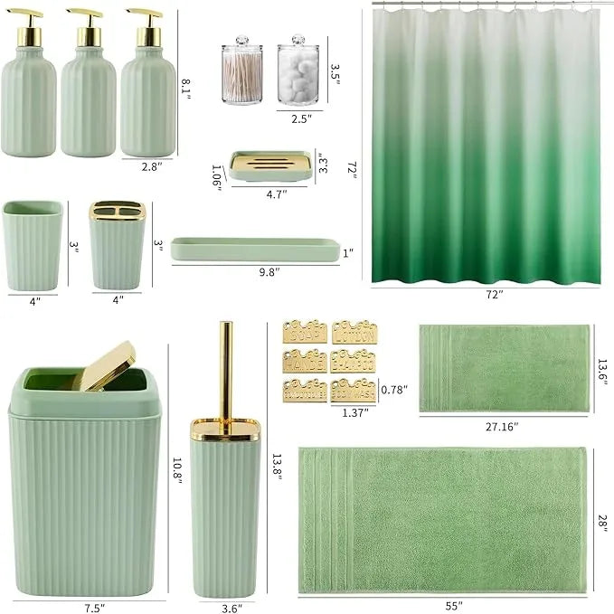 WSBArt 32PCS Bathroom Accessories Set Bathroom Set,Green Shower Curtain Set,Bath Towel Set,Hand Towel,Toilet Brush,Trash Can & 3PCS Soap Dispenser - ModernBath