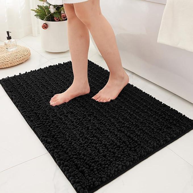 Ruggnovea Chenille Bathroom Rugs Non Slip Washable 36x24, Extra Thick Soft Absorbent Chenille Bath Mat, Non-Slip Barrier Backing, Quick Dry Machine Washable Bath Mats Tub, Shower,Floor/Sink,Black - ModernBath