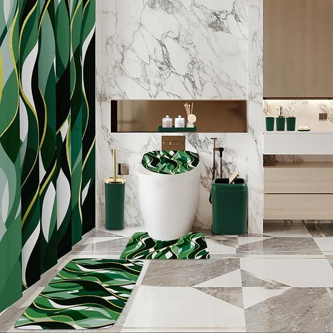 XLHOMO Bathroom Set - Green and Gold Bathroom Accessories, Bathroom Sets with Shower Curtain and Rugs, Green Shower Curtain Set with Bathroom Trash Can, Soap Dispenser, Soap Dish for Home Decor - ModernBath
