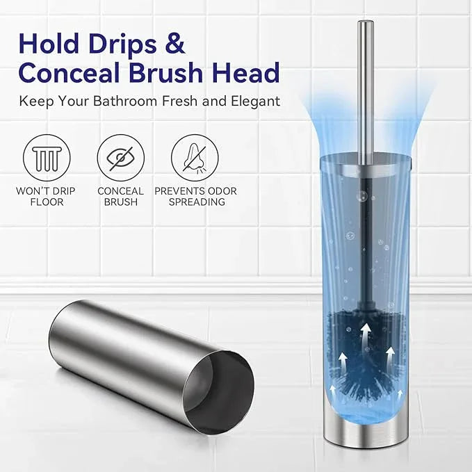 DOWRY Stainless Steel Freestanding Toilet Bowl Brush and Holder with Long Handle for Bathroom Storage Organization,Sturdy Deep Cleaning Toilet Bowl Cleaner,Nickel Round - ModernBath