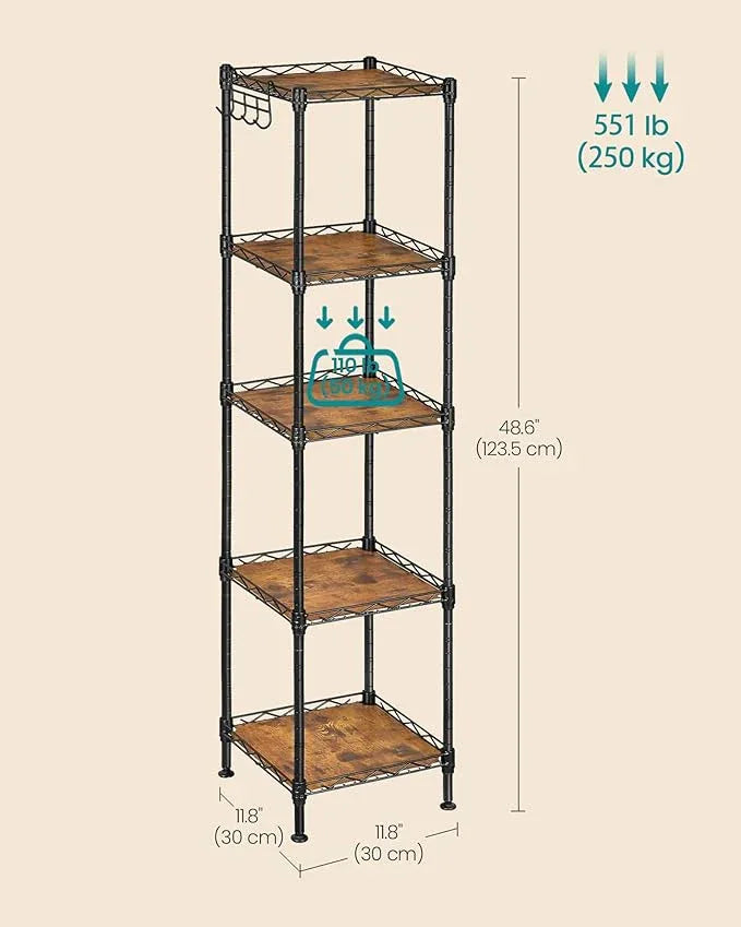 SONGMICS 5-Tier Bathroom Shelf, Storage Rack for Small Space, with 5 PP Shelf Liners, Removable Hook, Extendable Design, Ink Black and Rustic Brown ULGR023B02 - ModernBath