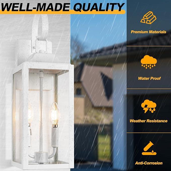 19" White Outdoor Wall Lantern 2-Light, Large Modern Wall Sconce Light Fixture, Industrial Porch Light with Glass, Waterproof Farmhouse Exterior Lamp - ModernBath
